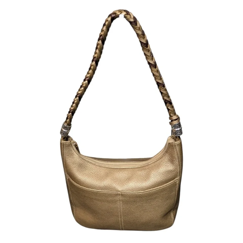 Brighton Metallic Gold Pebbled Leather Braided Strap Hobo Bag D786880